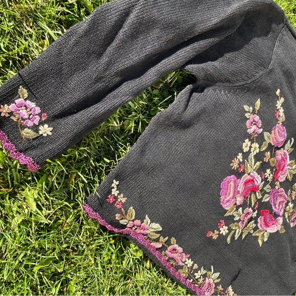 Vtg All Points by Reference Point Knit Sweater Size XL Black Floral Embroidered - Picture 8 of 10